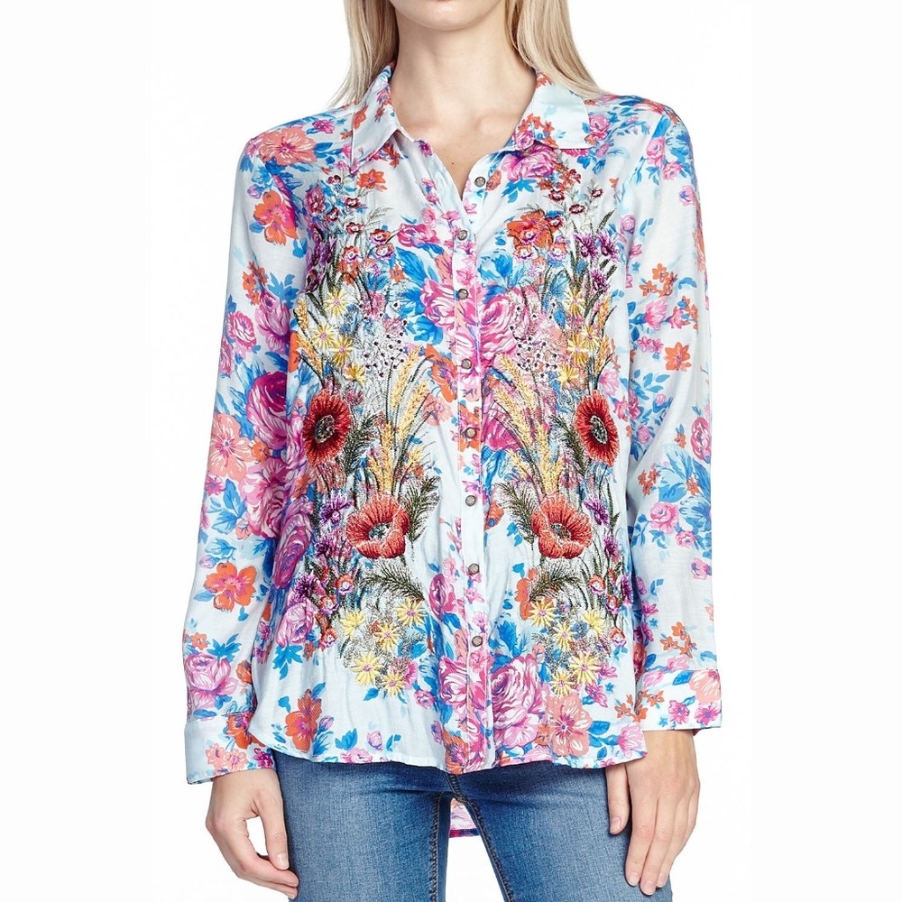 Aratta Silent Journey Our Hearts Boho Floral Art-to-Wear Button Down Blouse